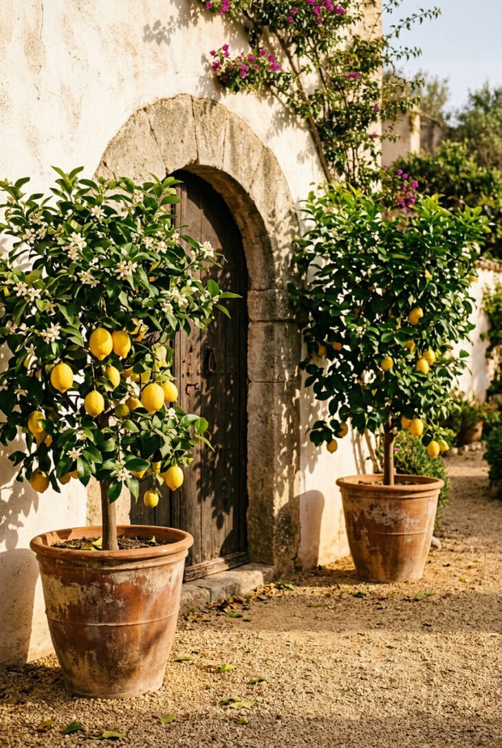 Two lemon trees in large terracotta pots flanking a stone doorway, carrying blossom and ripe fruit