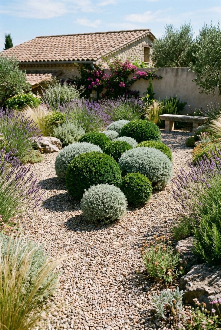 Cluster of clipped green and silver evergreen balls of different sizes among lavender and gravel