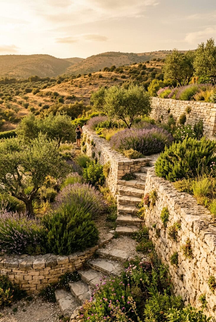 Sloping garden cut into terraces held by pale dry stone walls, planted with olive and lavender