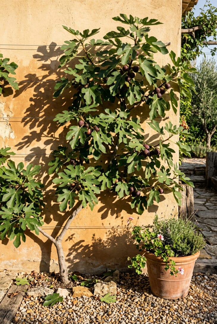 Fig fan-trained flat against a sunlit ochre wall with bold lobed leaves and ripe purple figs