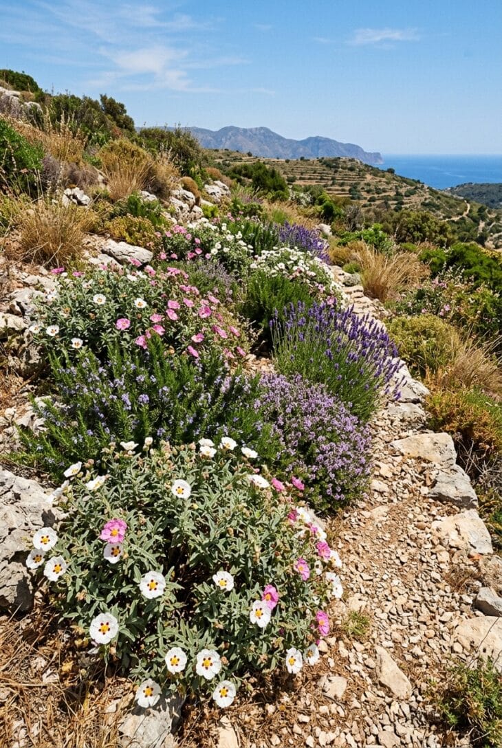 Scrubby hillside planting of grey cistus in papery white flower with rosemary and thyme among rocks