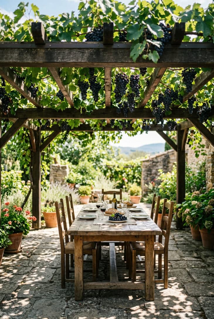 Timber pergola covered in grapevine with purple grapes hanging over a table in dappled shade