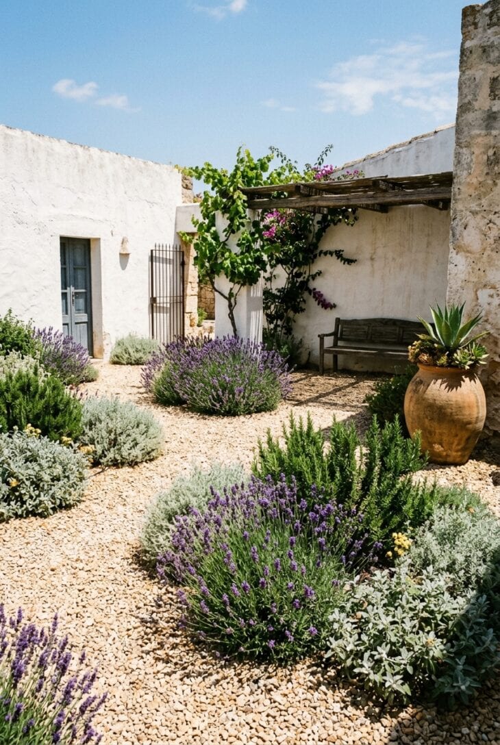 Pale gravel courtyard with mounded lavender, rosemary and santolina growing straight from the stone