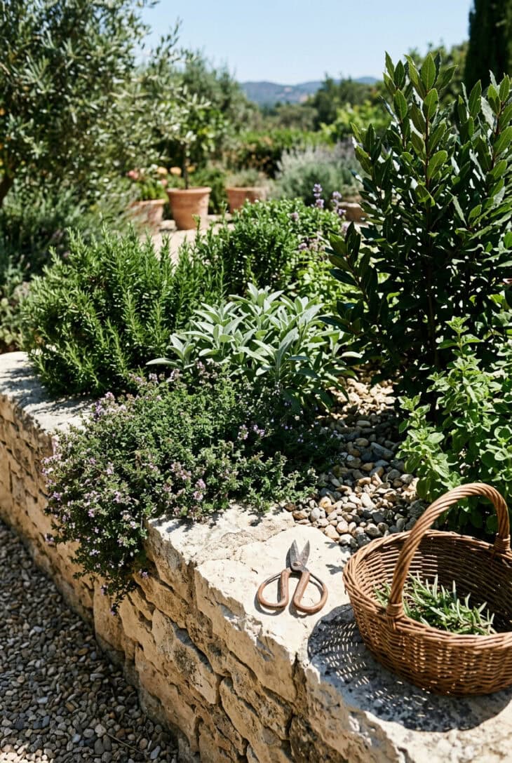 Raised stone herb terrace planted with rosemary, silver sage, thyme and oregano in gravel mulch