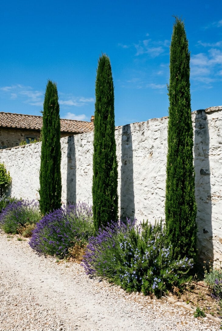 Three tall narrow Italian cypresses against a white wall with lavender mounds at their base