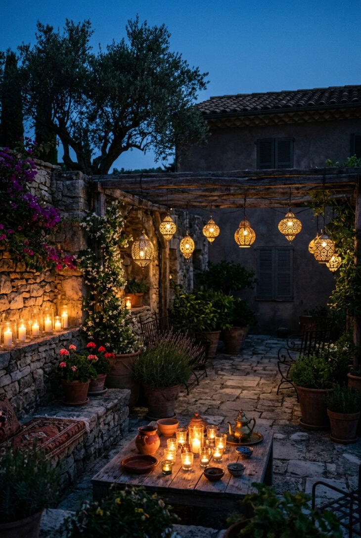 Courtyard at dusk lit by pierced hanging lanterns and candles in jars, with an olive tree silhouetted