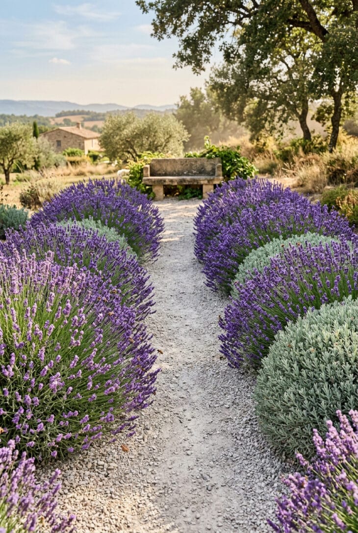 Gravel path between two low hedges of lavender in full purple flower with bees working the blooms