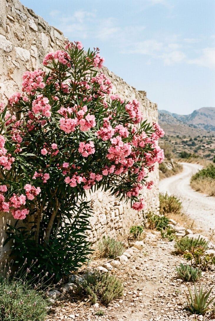 Oleander shrub covered in soft pink flowers with dark narrow leaves beside a sun-bleached stone wall
