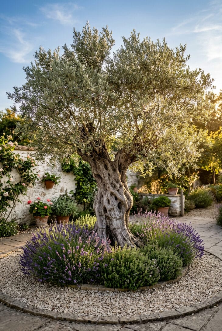 Gnarled olive tree with a twisted silver trunk standing in a circle of gravel above lavender and thyme