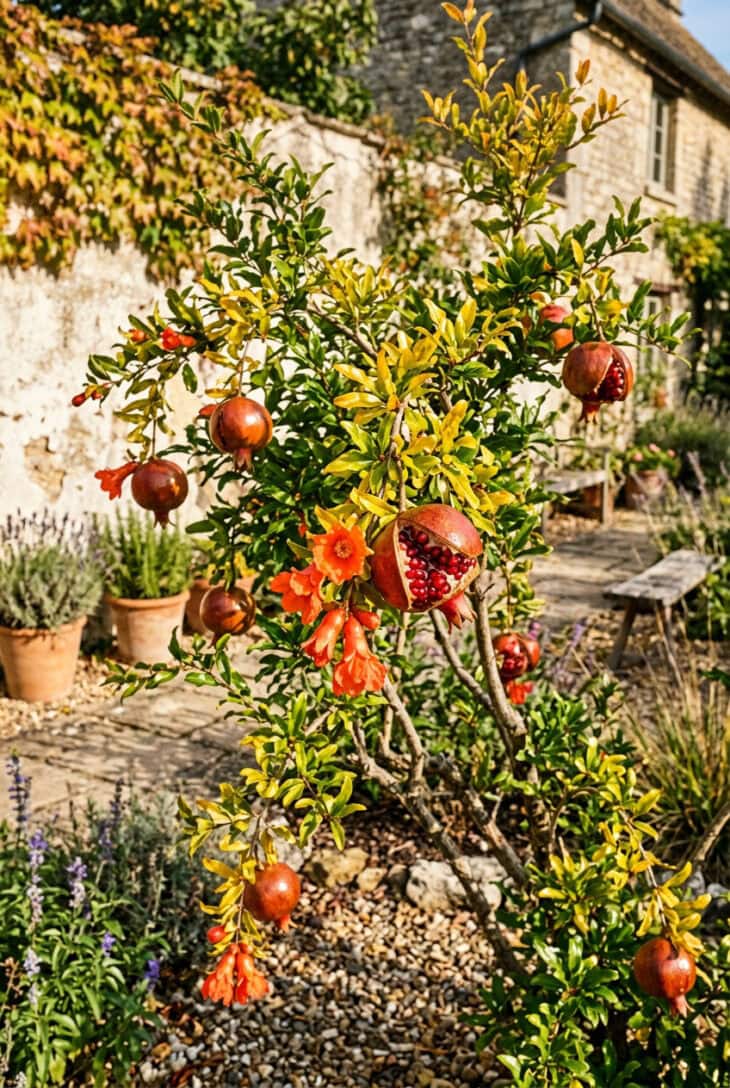 Pomegranate shrub carrying orange-red flowers and split ripe fruit against a chalky wall