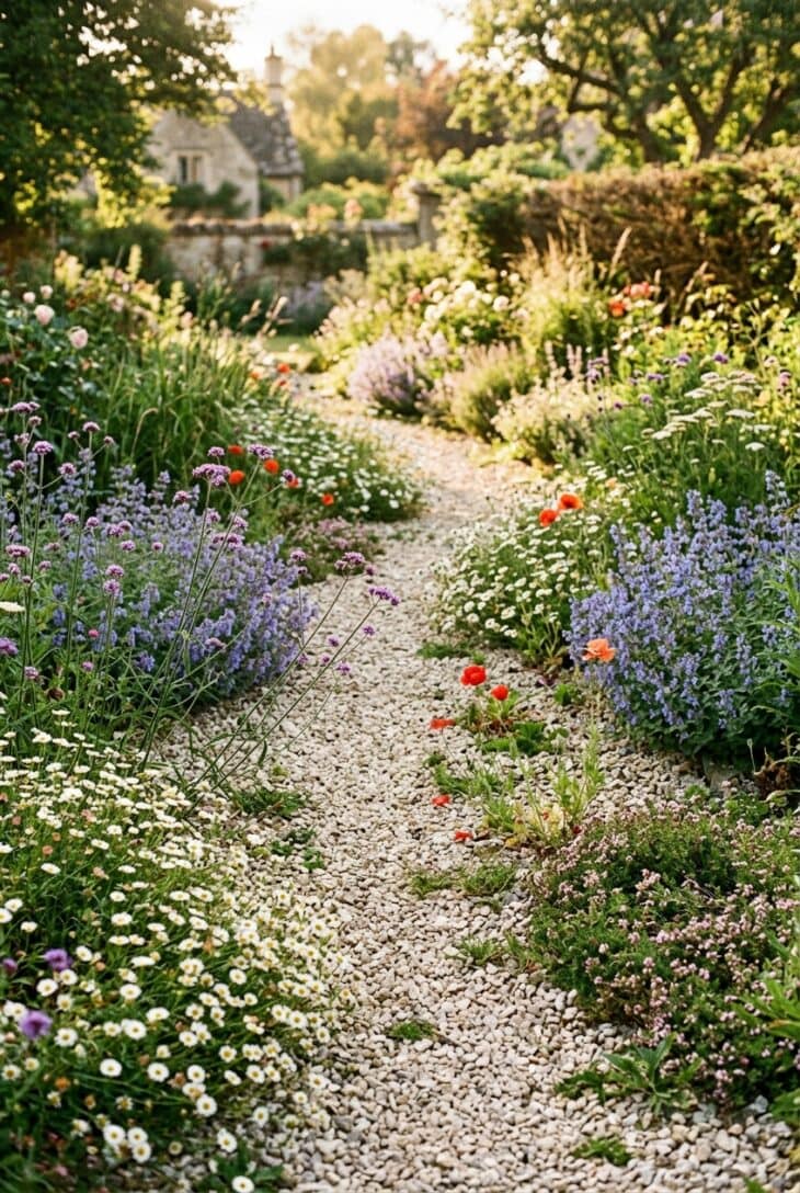 Gravel path softened by self-seeded verbena, white erigeron daisies and thyme growing from the stones