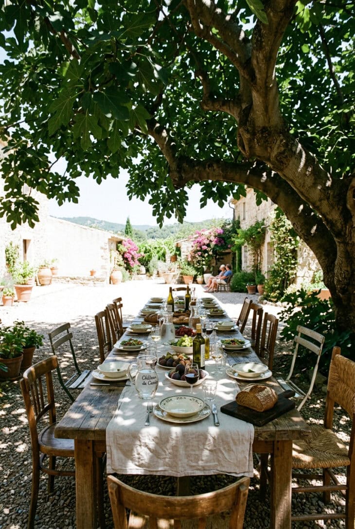 Long wooden table set for lunch in the dappled shade of a fig tree with a bright courtyard beyond