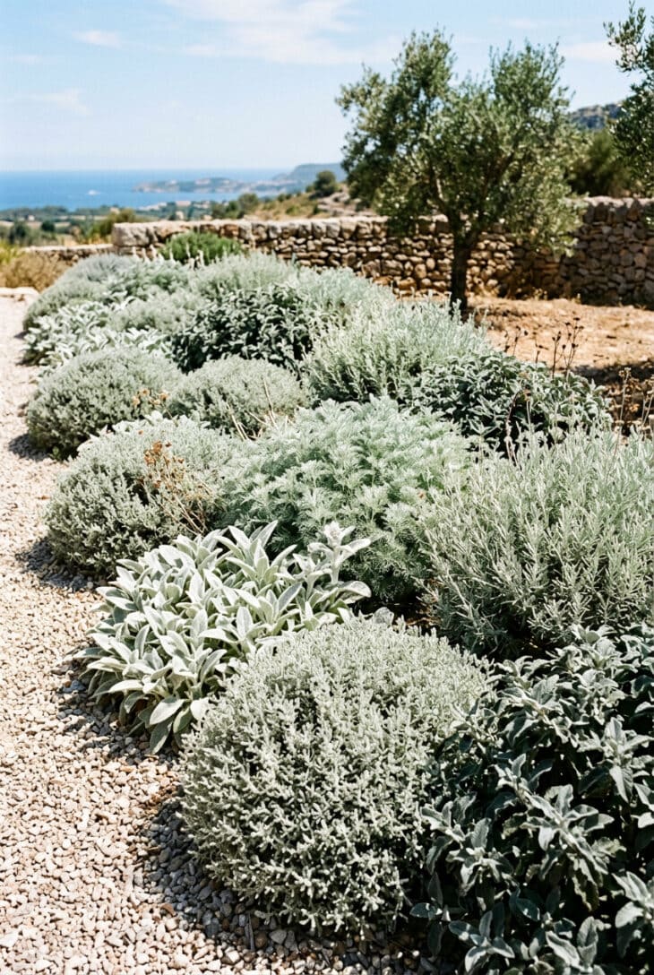Border of silver and grey mounded foliage including lamb's ear, artemisia and cotton lavender in gravel