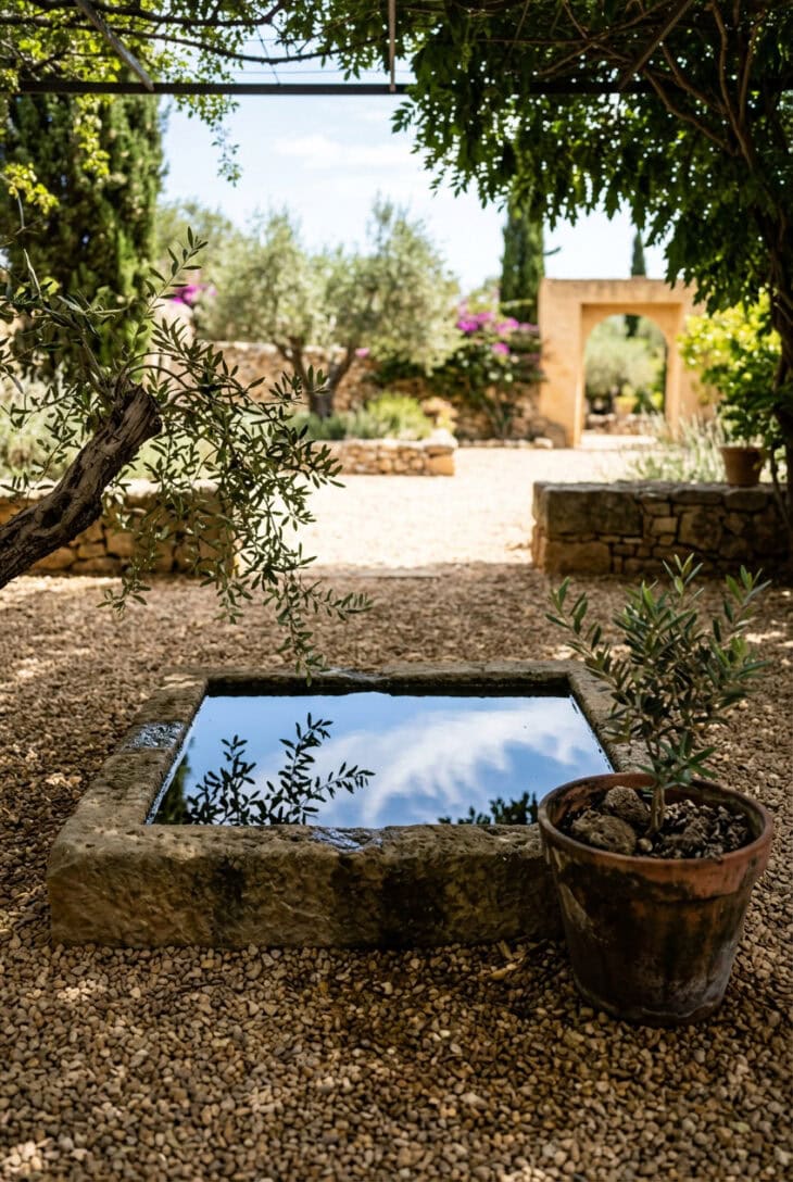 Square stone basin of still dark water reflecting the sky, set flush in a gravel courtyard
