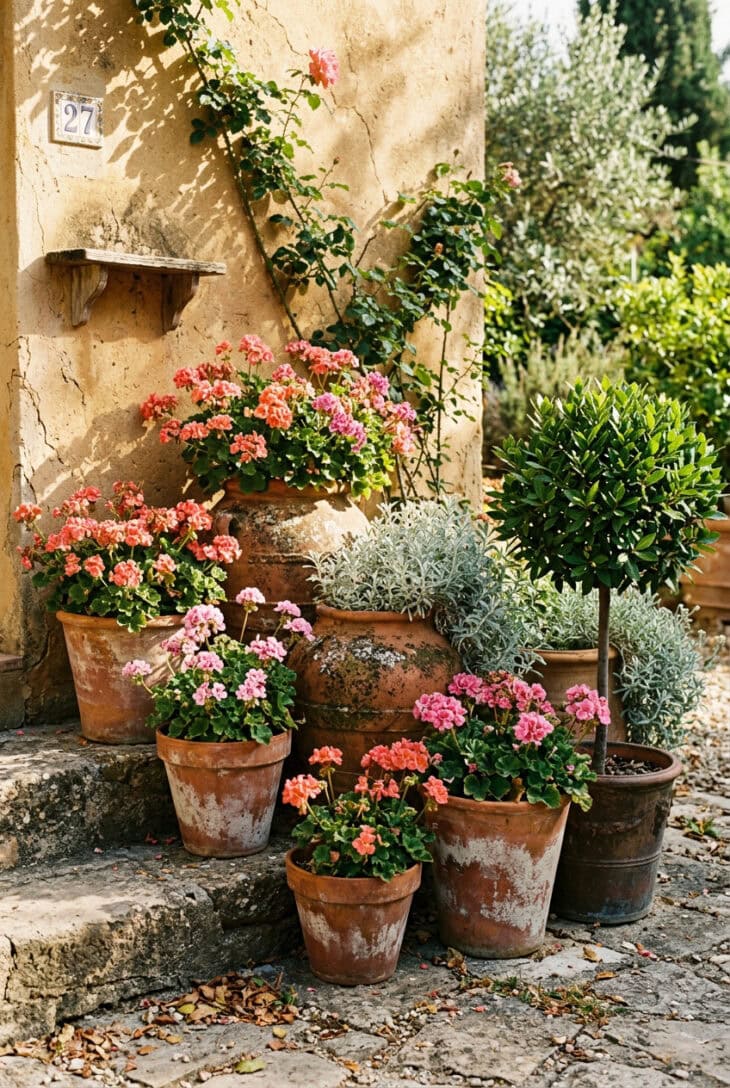 Cluster of aged terracotta pots of varying sizes planted with geraniums and silver foliage by an ochre wall