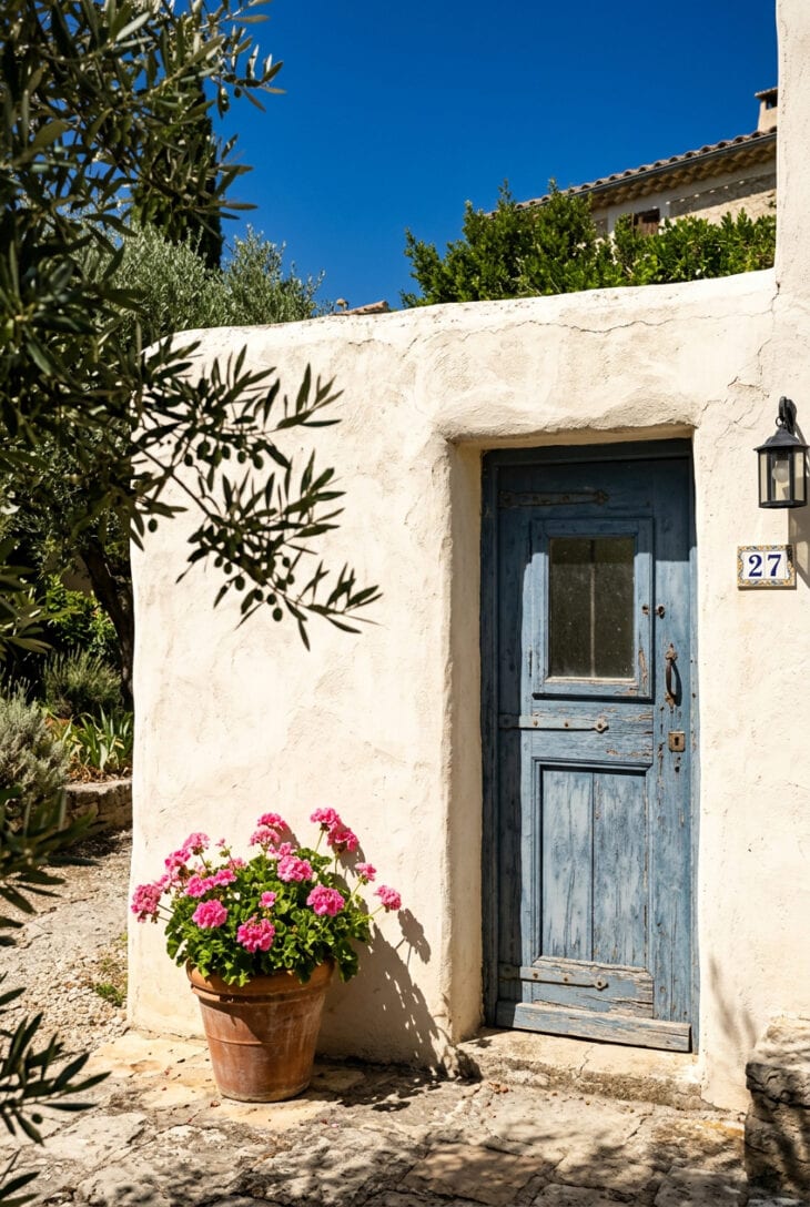 Chalky white rendered wall with an olive branch shadow, a blue door and a terracotta pot of geraniums