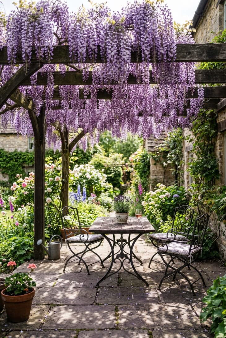 Stone terrace under a pergola dripping with long lilac wisteria racemes above a table and chairs