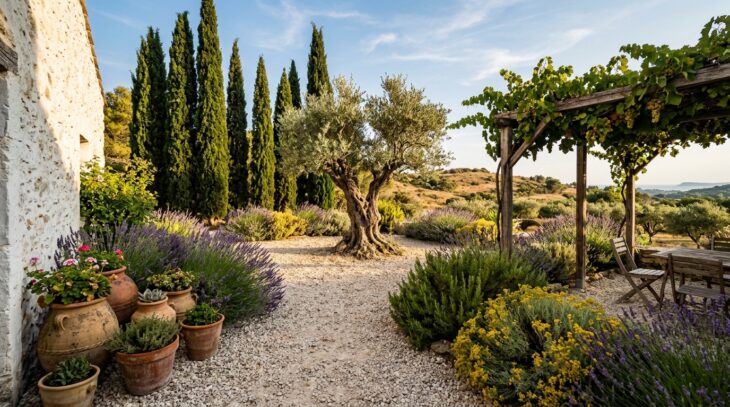Sun-baked gravel courtyard with an olive tree, cypresses, lavender and terracotta pots against a white wall