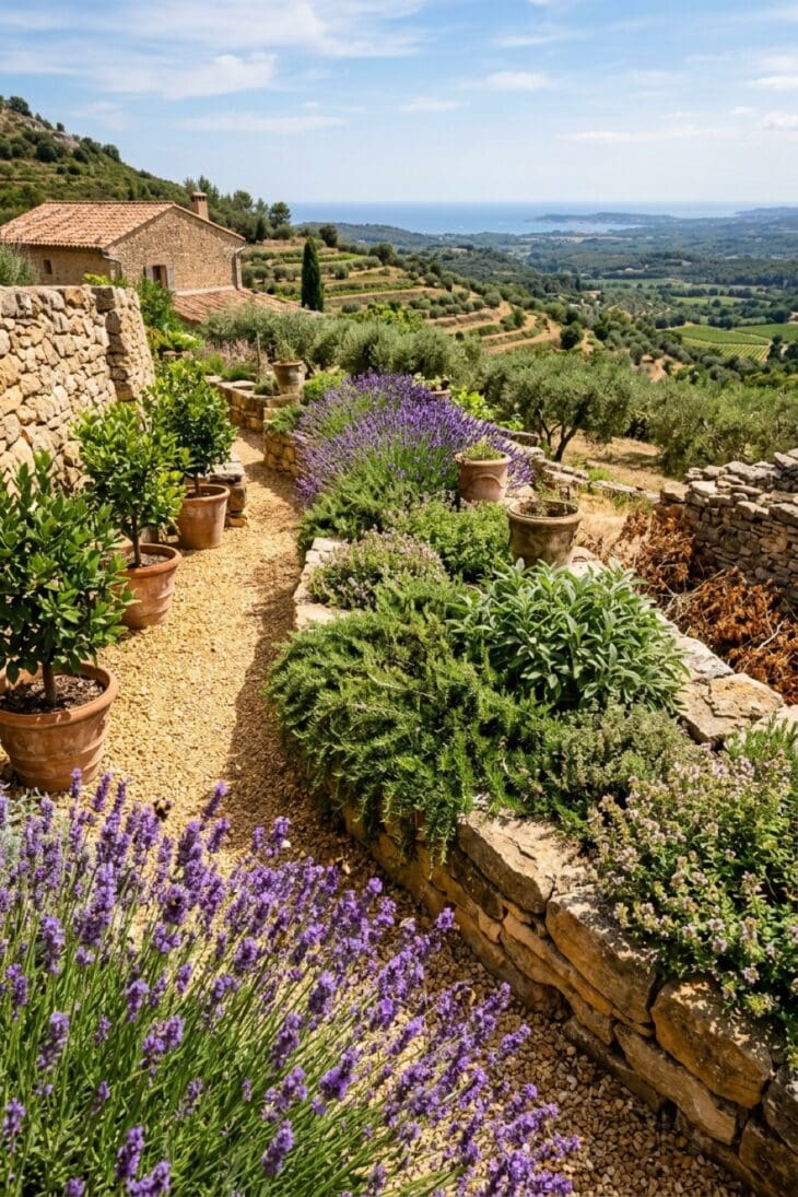 Sunny terrace of rosemary, lavender, sage and thyme over warm stone
