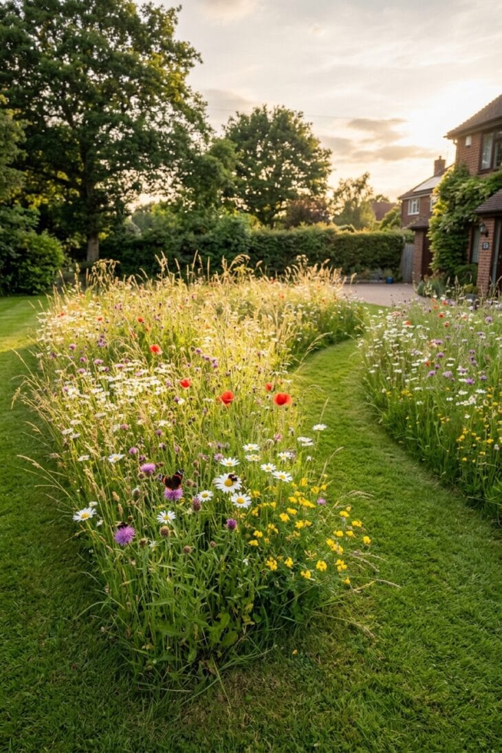 Wildflower meadow patch with a mown path cut through the long grass