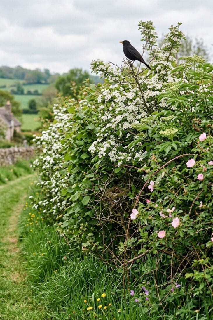 Mixed native hedgerow in white hawthorn blossom along a garden boundary