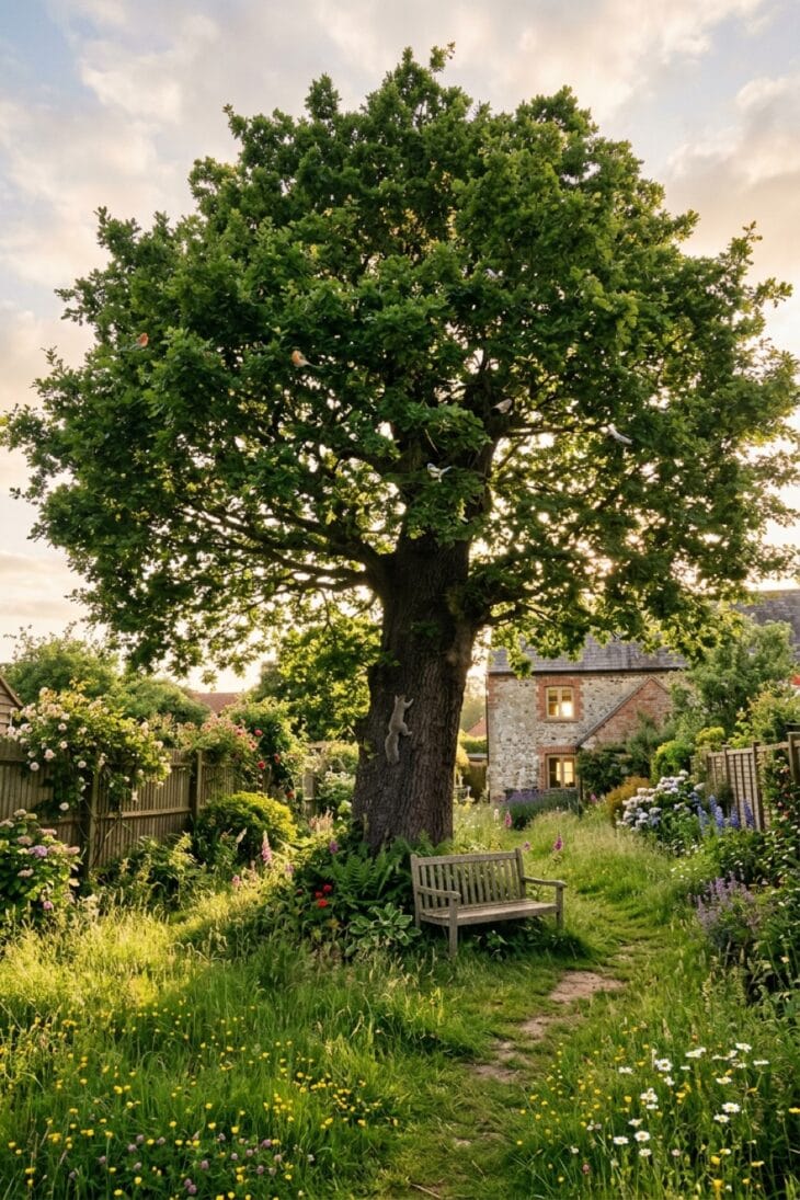 Mature native oak with a broad canopy shading a backyard lawn