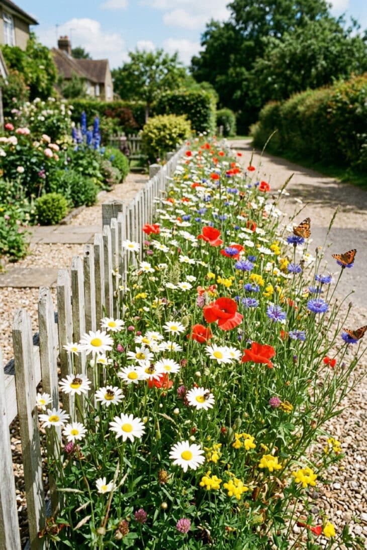 Native wildflower strip of ox-eye daisies, poppies and cornflowers