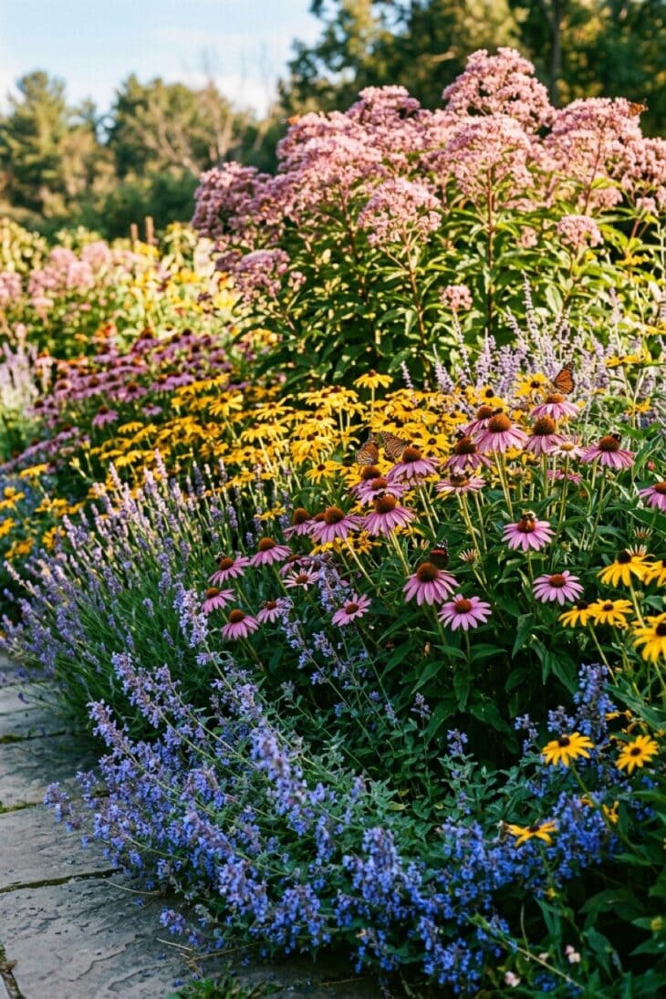 Sunny border of coneflowers, catmint and rudbeckia covered in bees