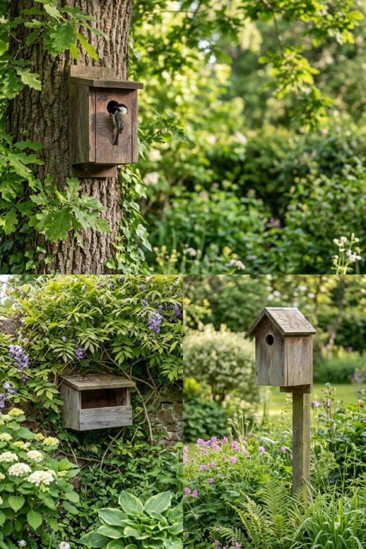 Three wooden nest boxes mounted at different heights in a garden