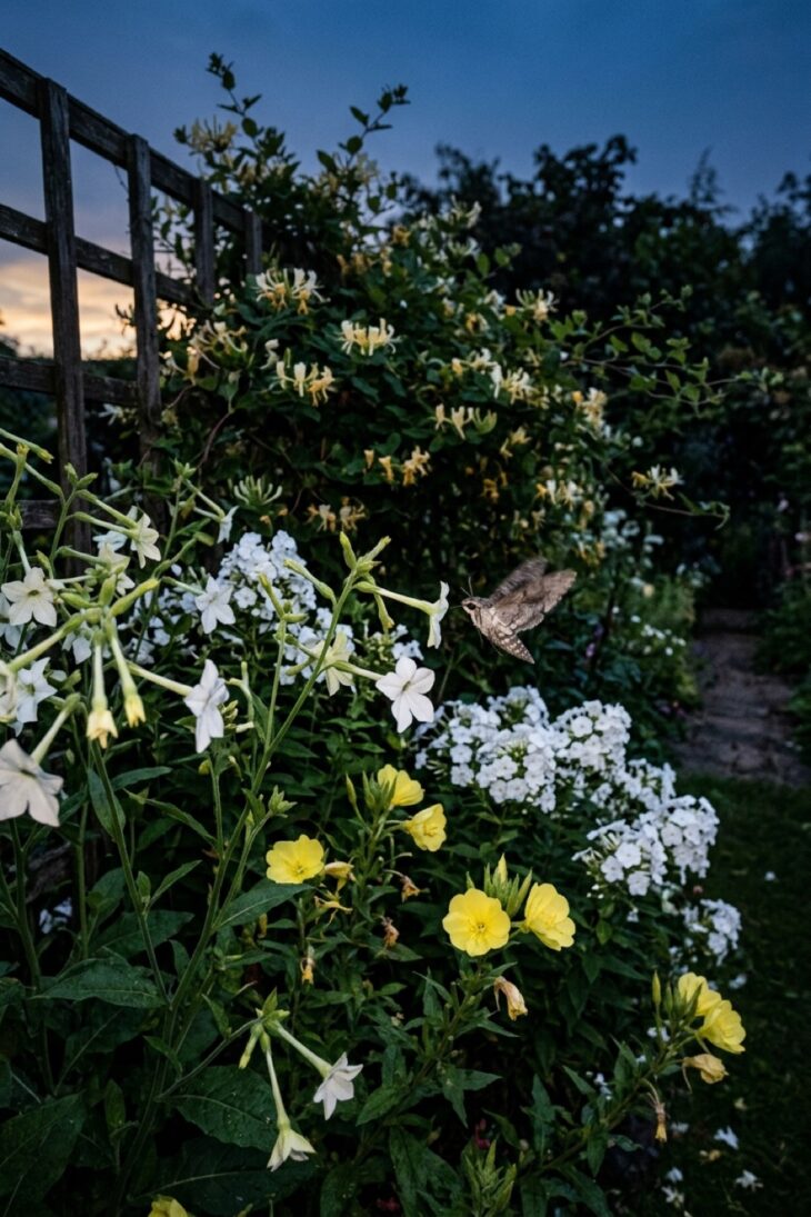 Pale night-scented flowers glowing at dusk with a hawkmoth feeding