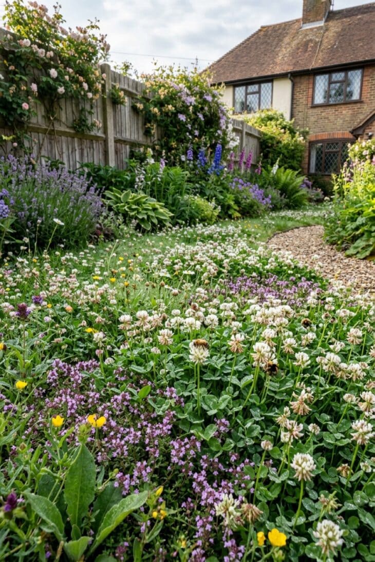Clover and creeping thyme lawn flowering in place of mown grass