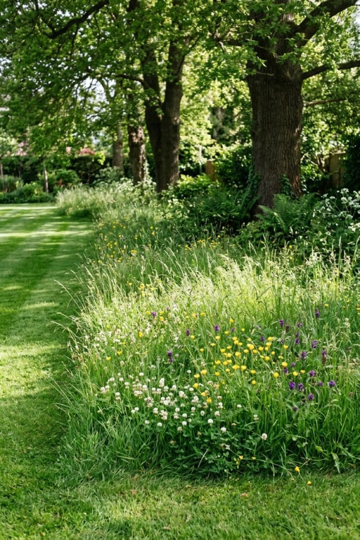 Unmown long grass with clover and buttercups beneath garden trees