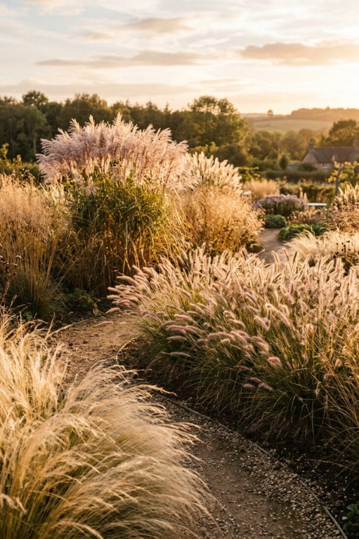 Miscanthus and pennisetum grasses backlit amber by low evening sun