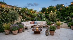 Patio with an outdoor sofa around a fire bowl, large pots and string lights at dusk