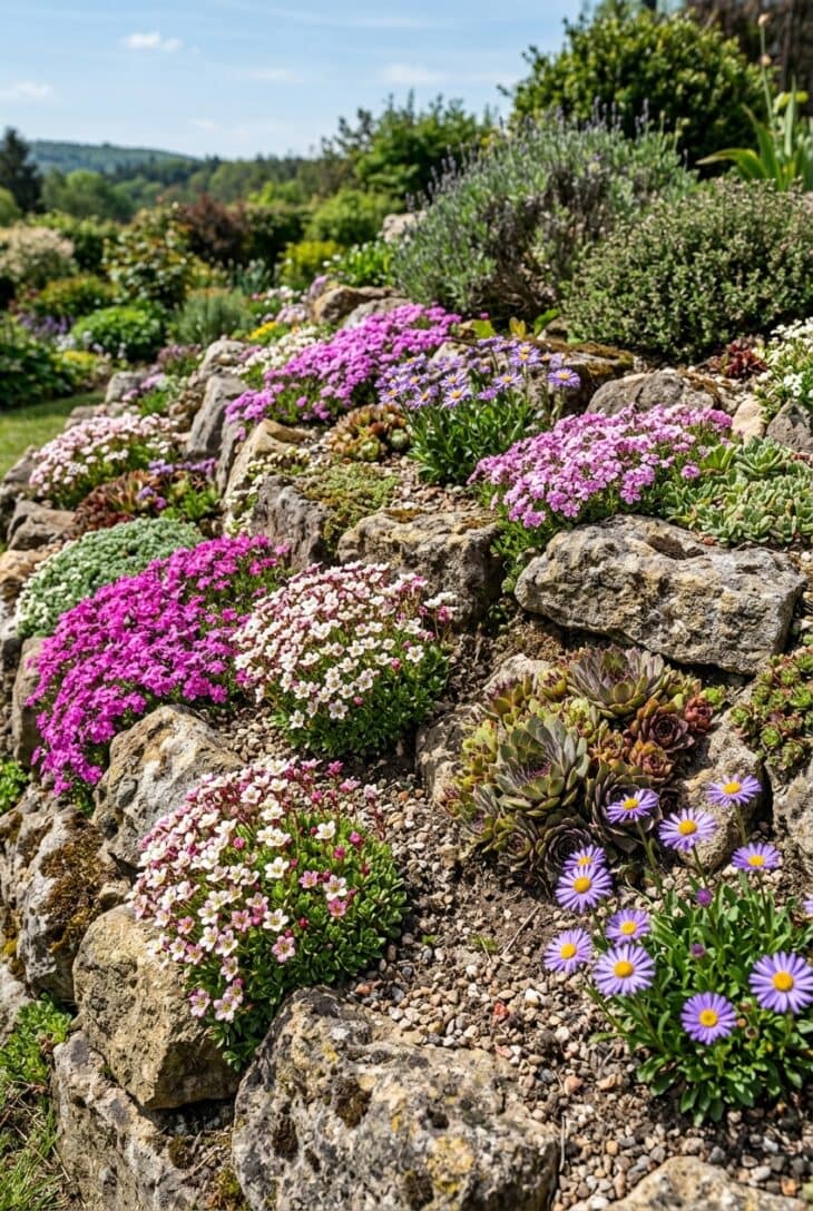 Sunny rockery of saxifrage cushions, creeping phlox, alpine aster and sempervivum between weathered rocks