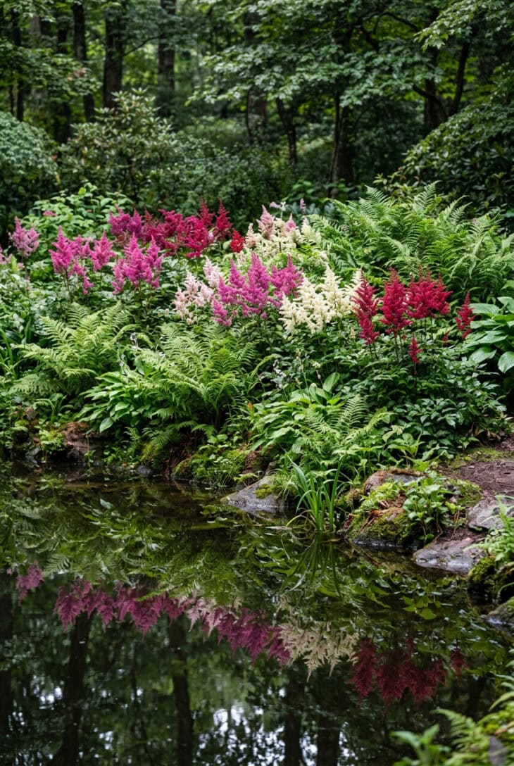 Damp shady bed beside water with feathery pink, red and white astilbe plumes above ferny foliage