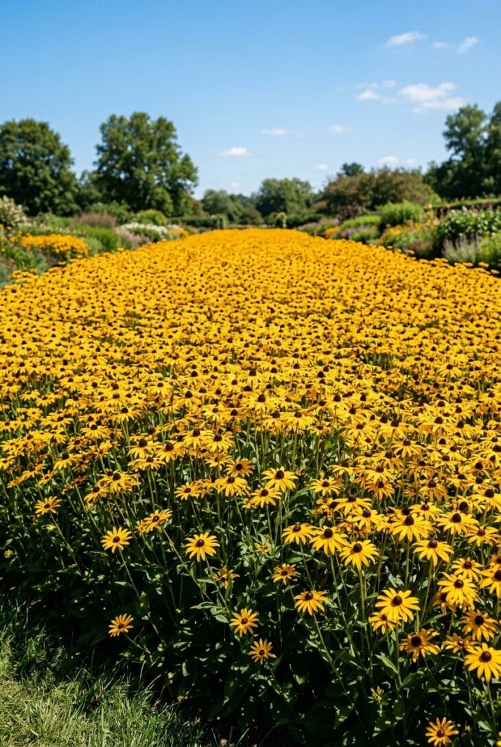 Big block of golden-yellow black-eyed susans with dark centers stretching back under blue sky