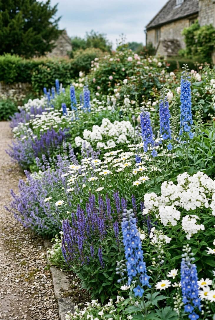 Serene border of blue delphiniums, salvia and catmint with white shasta daisies and phlox