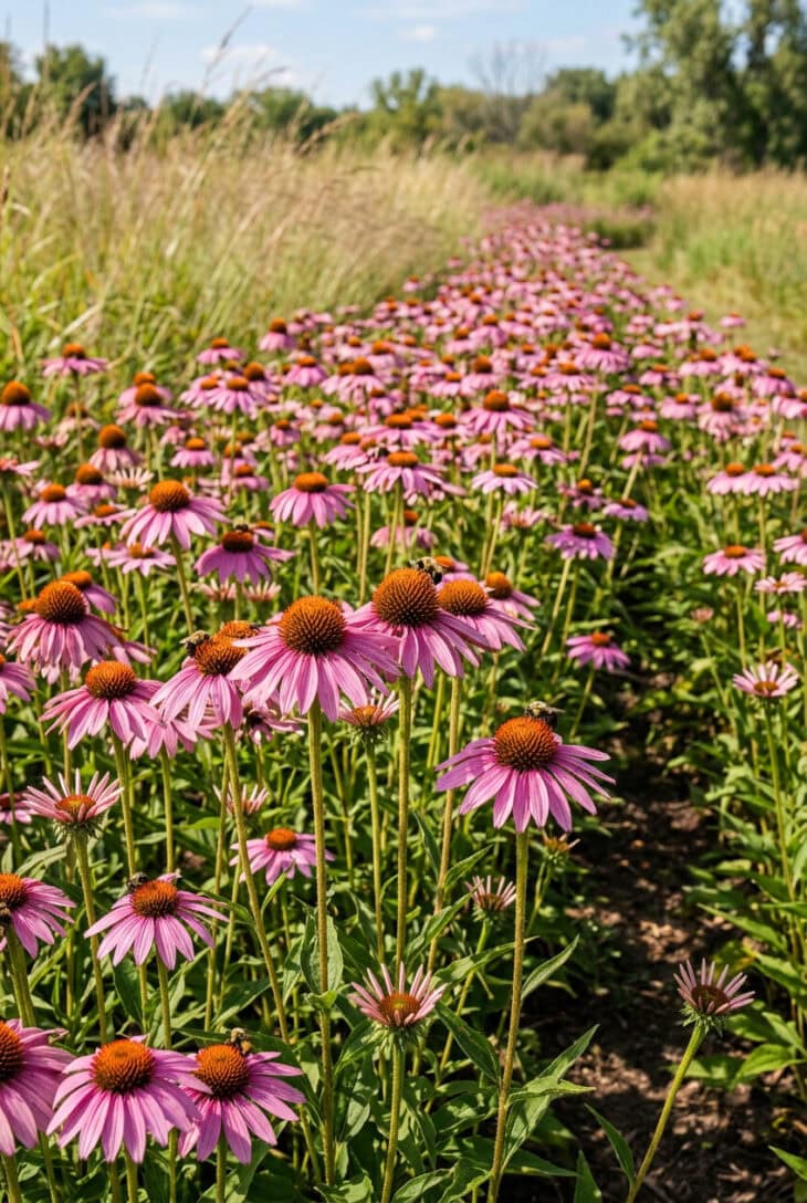 Broad drift of purple coneflowers with orange cones in full summer bloom with bees
