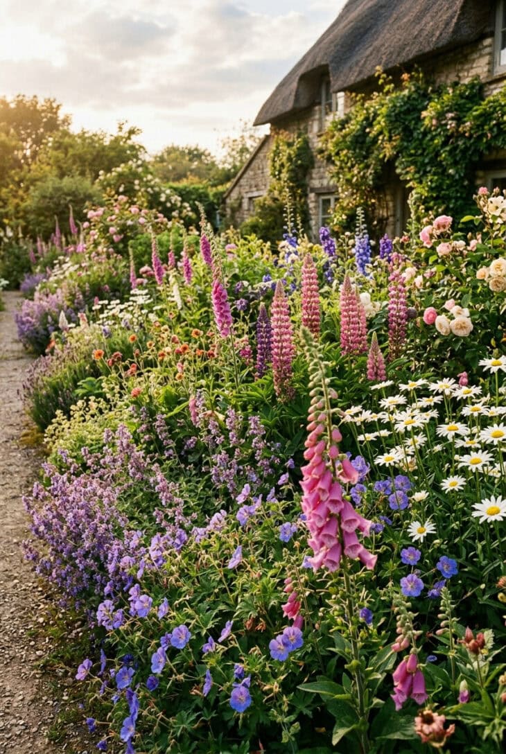 Cottage border crammed with foxgloves, hardy geraniums, catmint, lupins and shasta daisies
