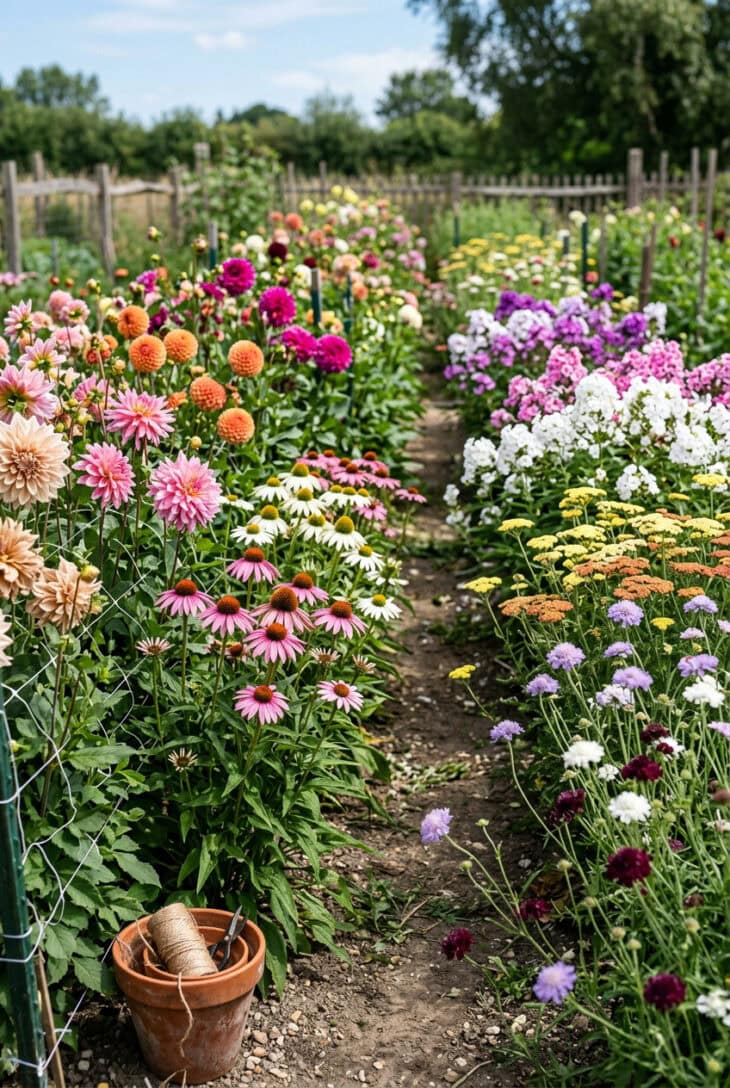 Productive cutting border in rows of echinacea, phlox, achillea and scabious grown for picking