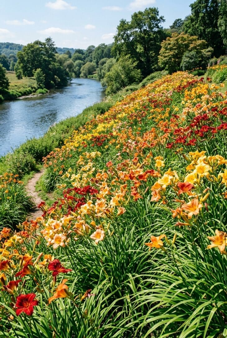 Sunny bank massed with gold, apricot and deep red daylilies above arching strappy foliage