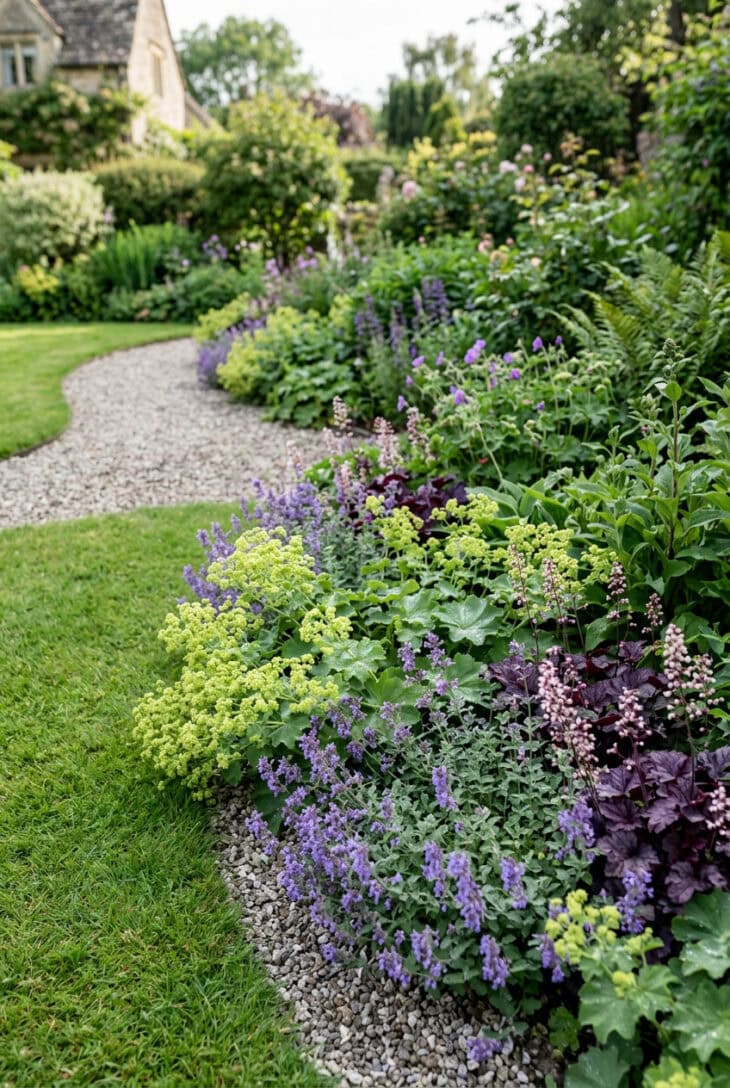 Low front-of-border edge of lime lady's mantle, catmint and heuchera along a bed against a lawn