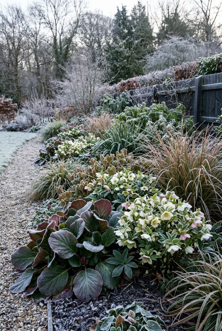 Winter border held together by evergreen hellebore, bergenia and grasses under a dusting of frost