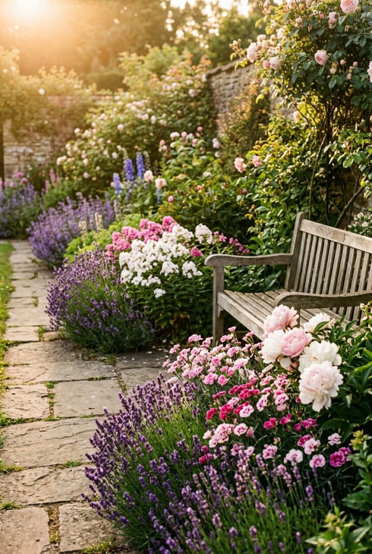 Border planted for scent beside a bench with lavender, phlox, dianthus and peonies in soft colors
