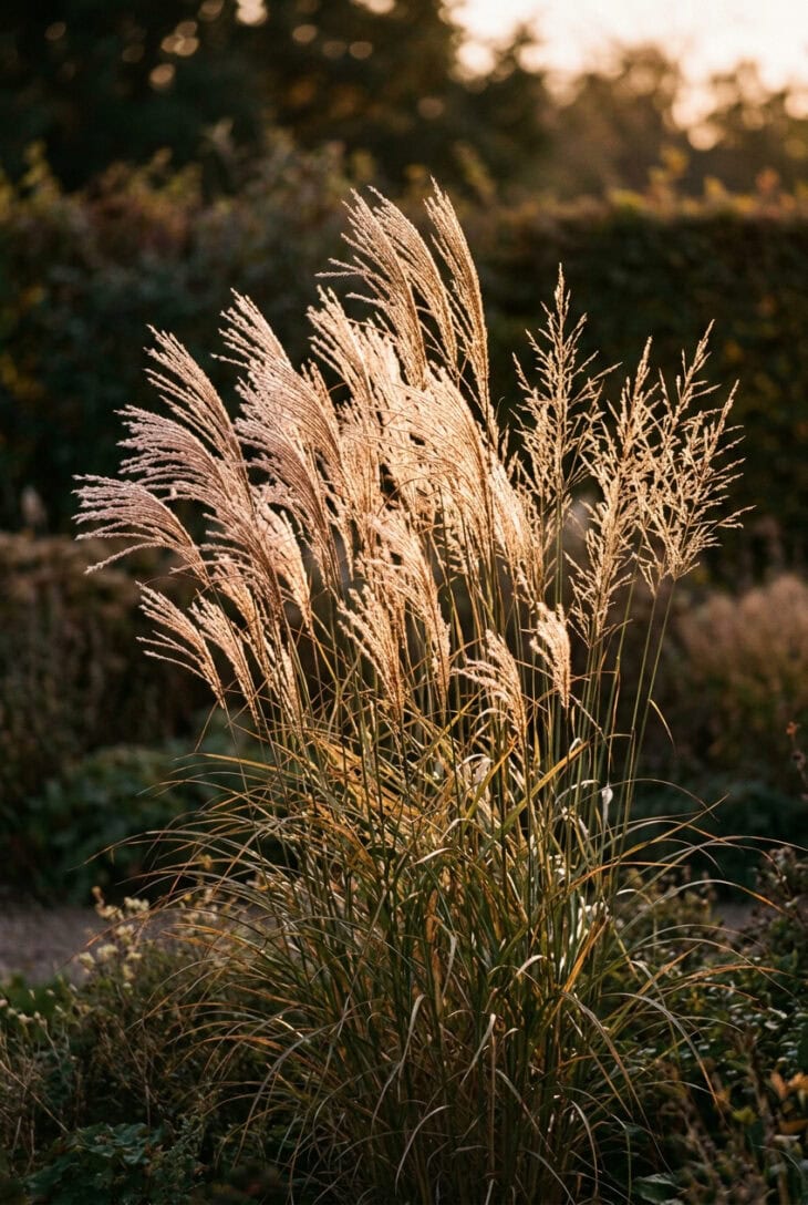 Stand of tall ornamental miscanthus and molinia grasses backlit and glowing at golden hour