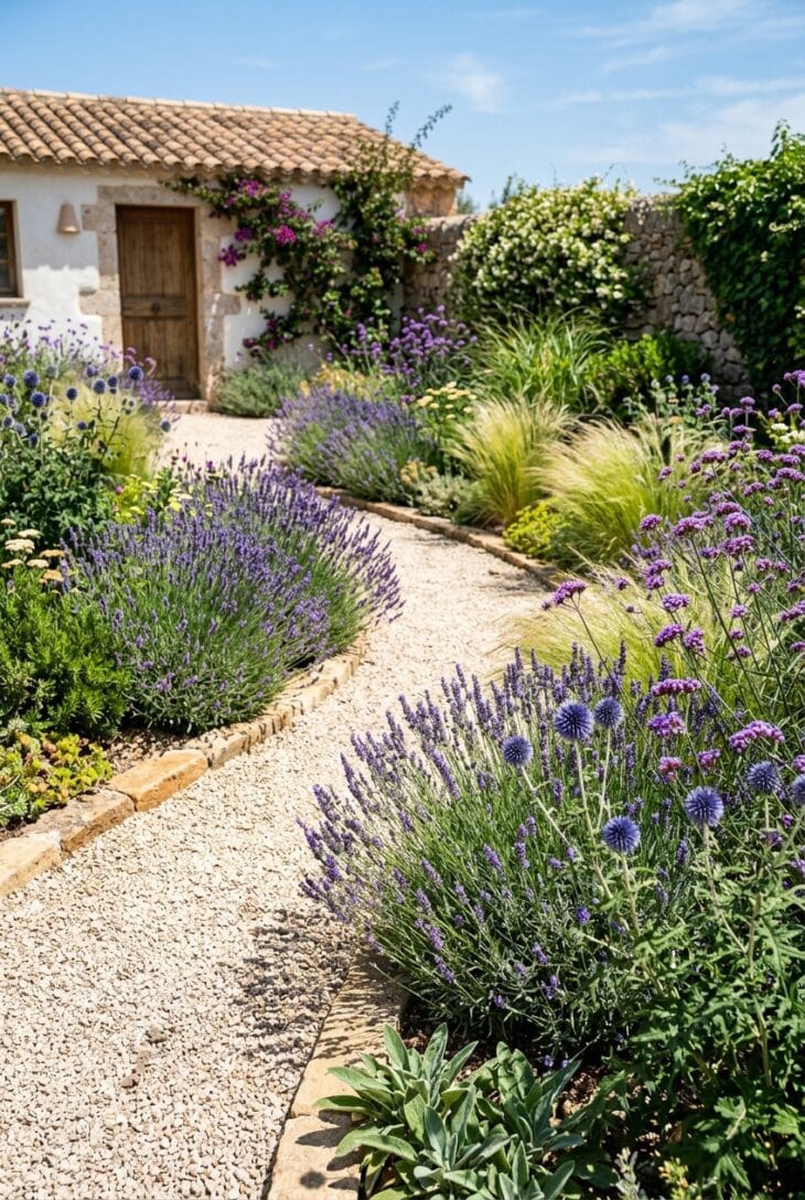 Sunny gravel garden of silver lavender, blue globe thistle, verbena and grasses in pale gravel