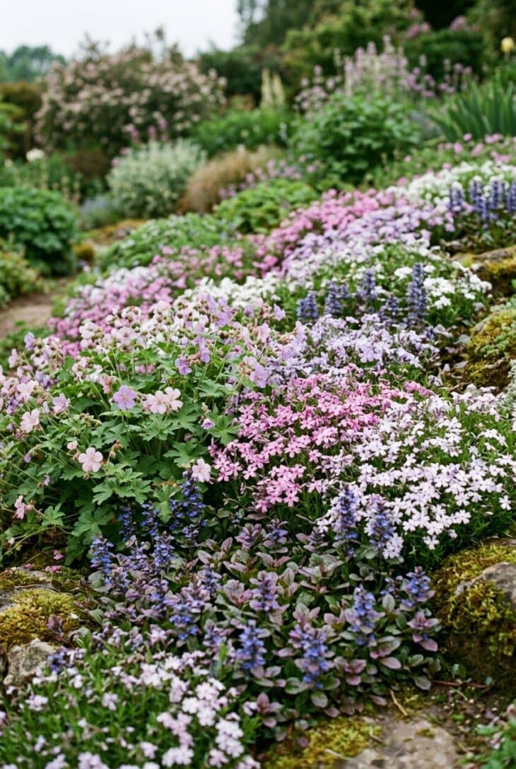 Low carpet of creeping phlox, hardy geranium and ajuga knitting into a dense flowering mat on a slope