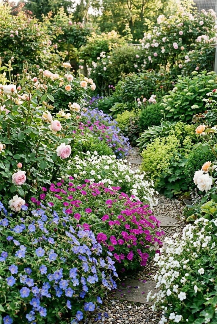 Froth of blue, magenta and white hardy geraniums weaving between roses and shrubs at ground level