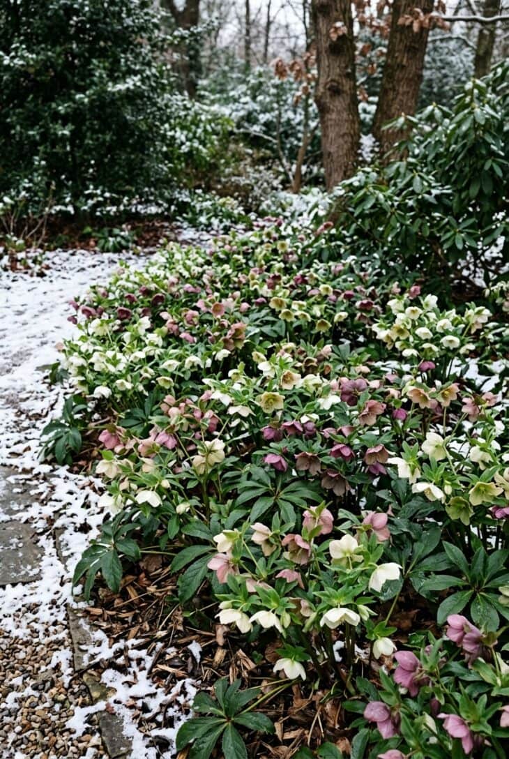 Shaded winter bed of hellebores in white, plum, pink and green nodding above evergreen leaves